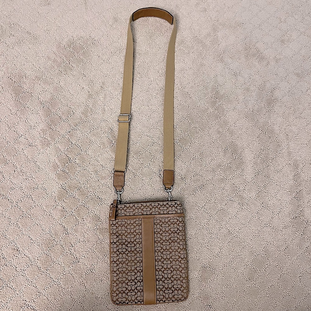 Coach Small Crossbody Bag in Light Brown and Camel | Signature Monogram Canvas